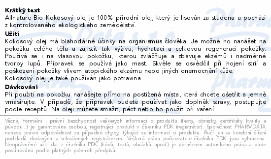 Allnature Kokosový olej panenský BIO 1000ml