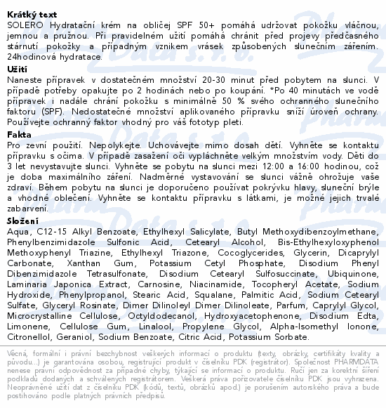 SOLERO Hydratační krém na obličej SPF50+ 50ml