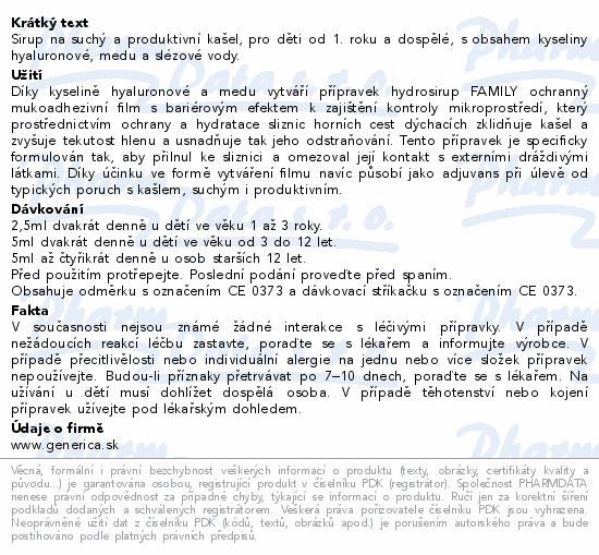 hydrosirup FAMILY 150ml Generica